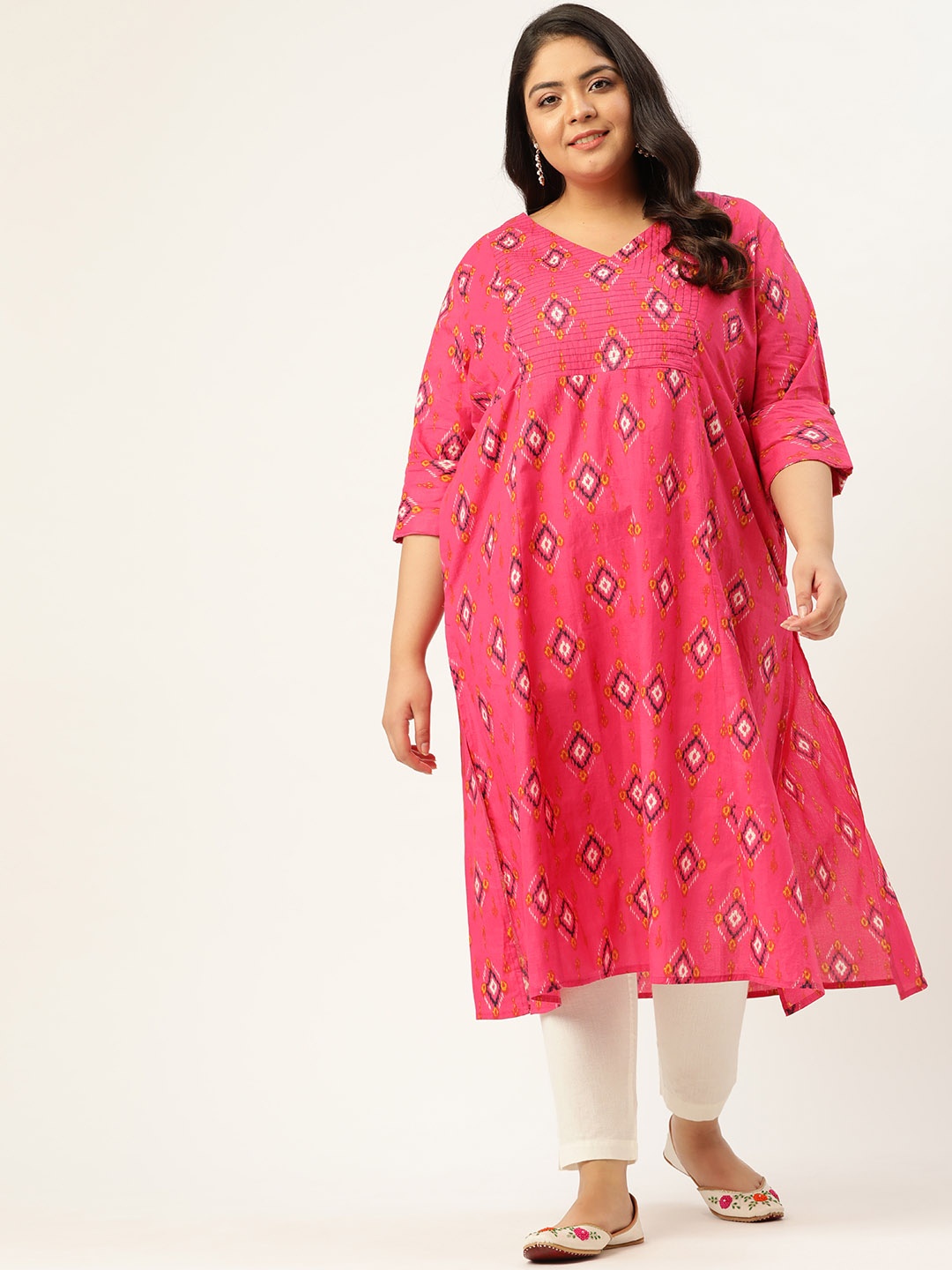 

Sztori Women Plus Size Pink & Navy Blue Pure Cotton Geometric Printed Angrakha Kurta