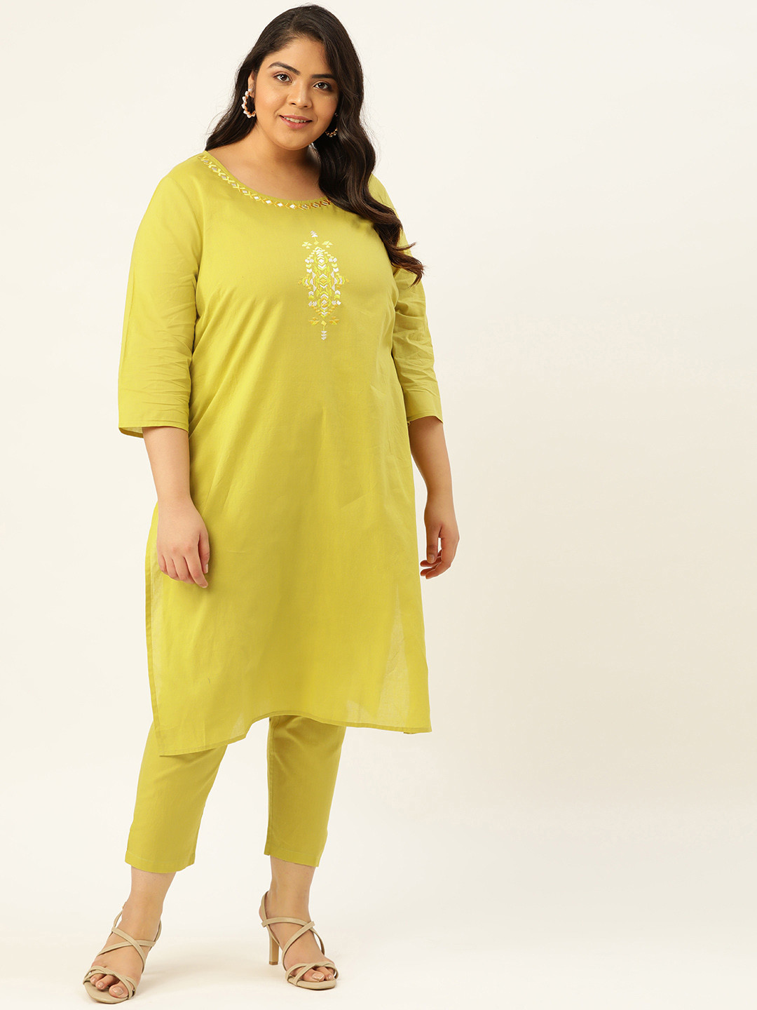 

Sztori Plus Size Women Yellow Yoke Design Thread Work Pure Cotton Kurta with Trousers