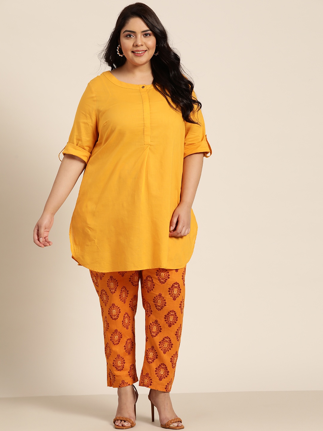 

Sztori Women Plus Size Mustard Yellow Ethnic Print Pure Cotton Kurta with Trousers