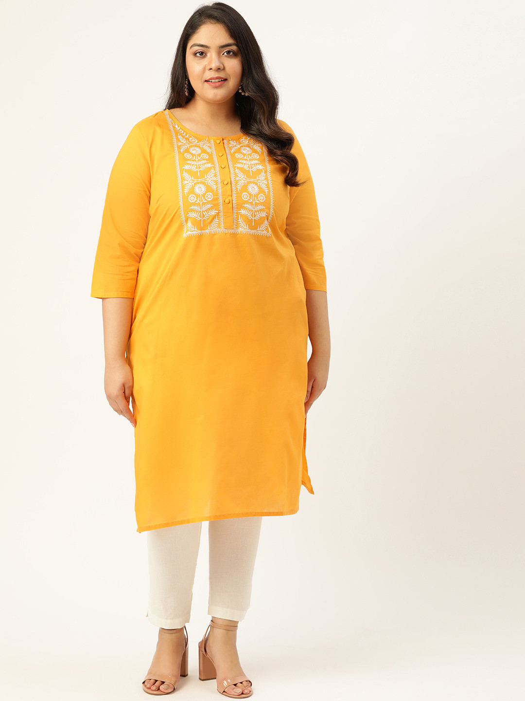 

Sztori Women Plus Size Mustard Yellow & White Pure Cotton Yoke Design Kurta