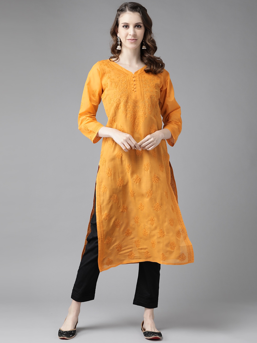 

ADA Women Mustard Yellow & Black Chikankari Embroidered Handloom Kurta with Cotton Trousers