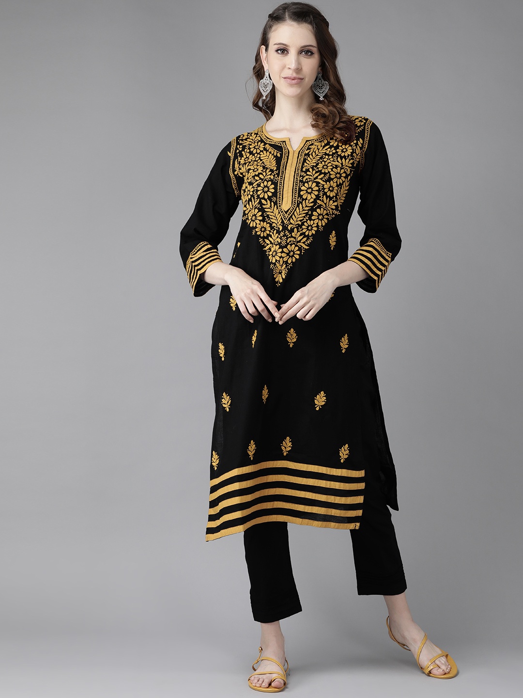 

ADA Women Black & Mustard Yellow Pure Cotton Chikankari Embroidered Handloom Kurta with Trousers
