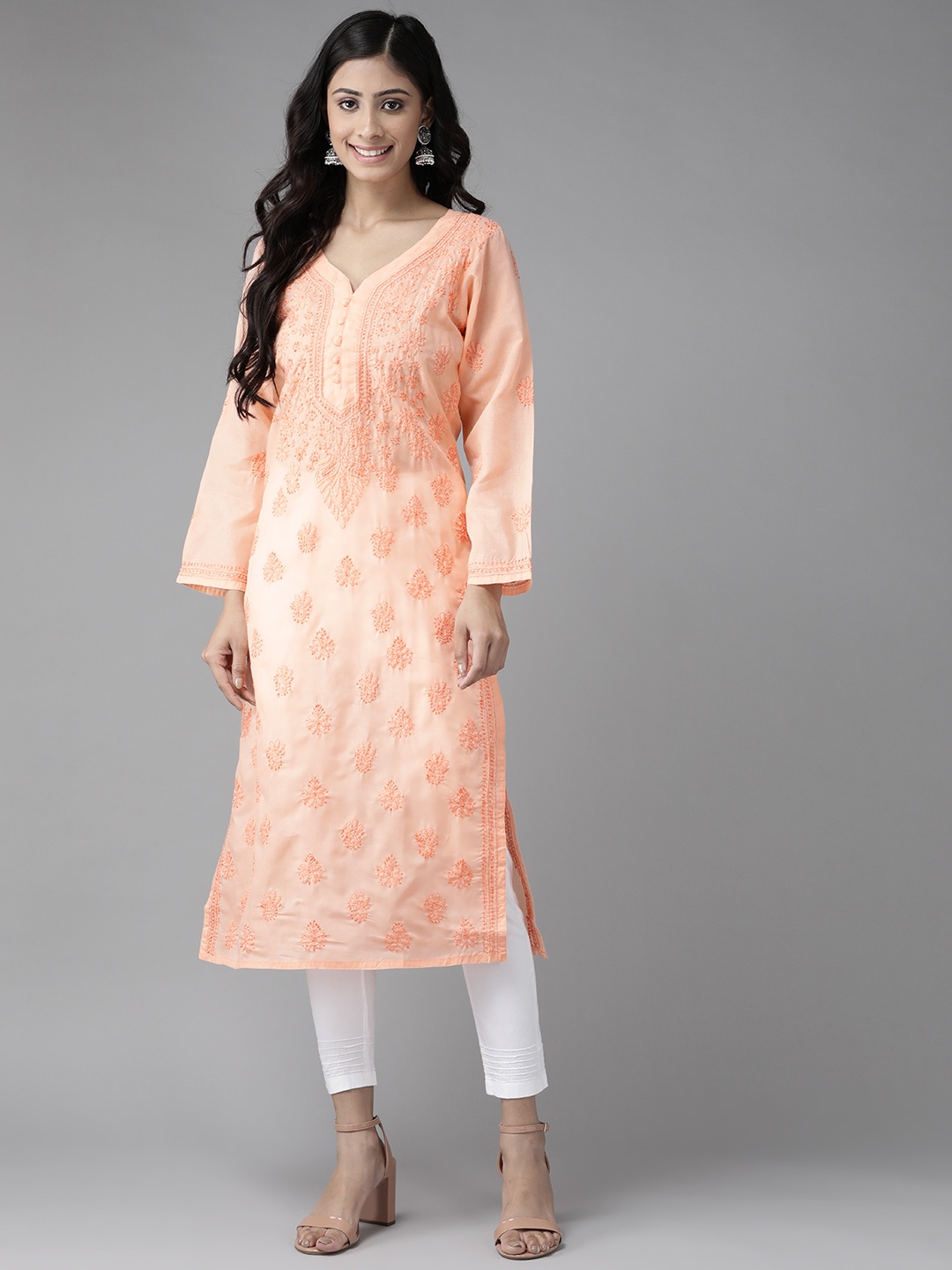 

ADA Women Peach-Coloured & White Chikankari Embroidered Handloom Kurta with Cotton Trousers