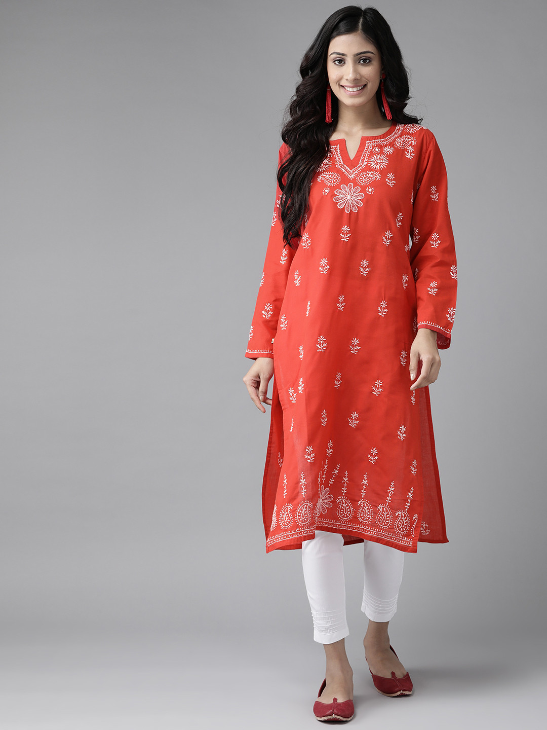 

ADA Women Red & White Pure Cotton Chikankari Embroidered Handloom Kurta with Solid Trousers