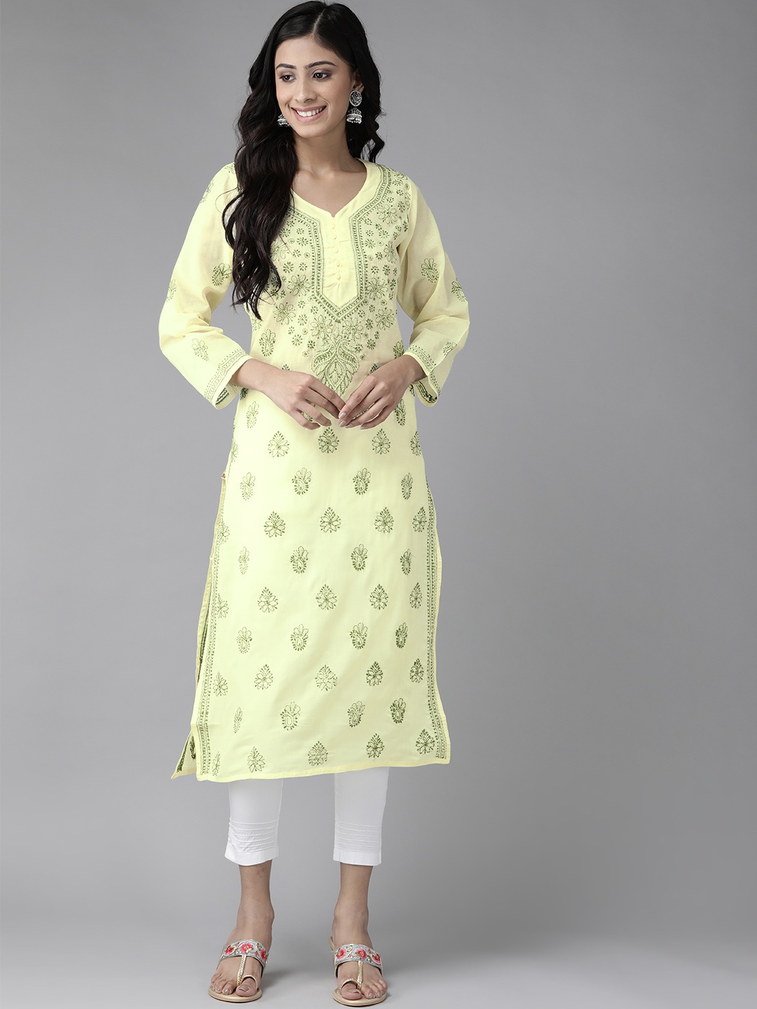 

ADA Women Yellow & Green Embroidered Chikankari Handloom Kurta Handloom Kurta with Trousers