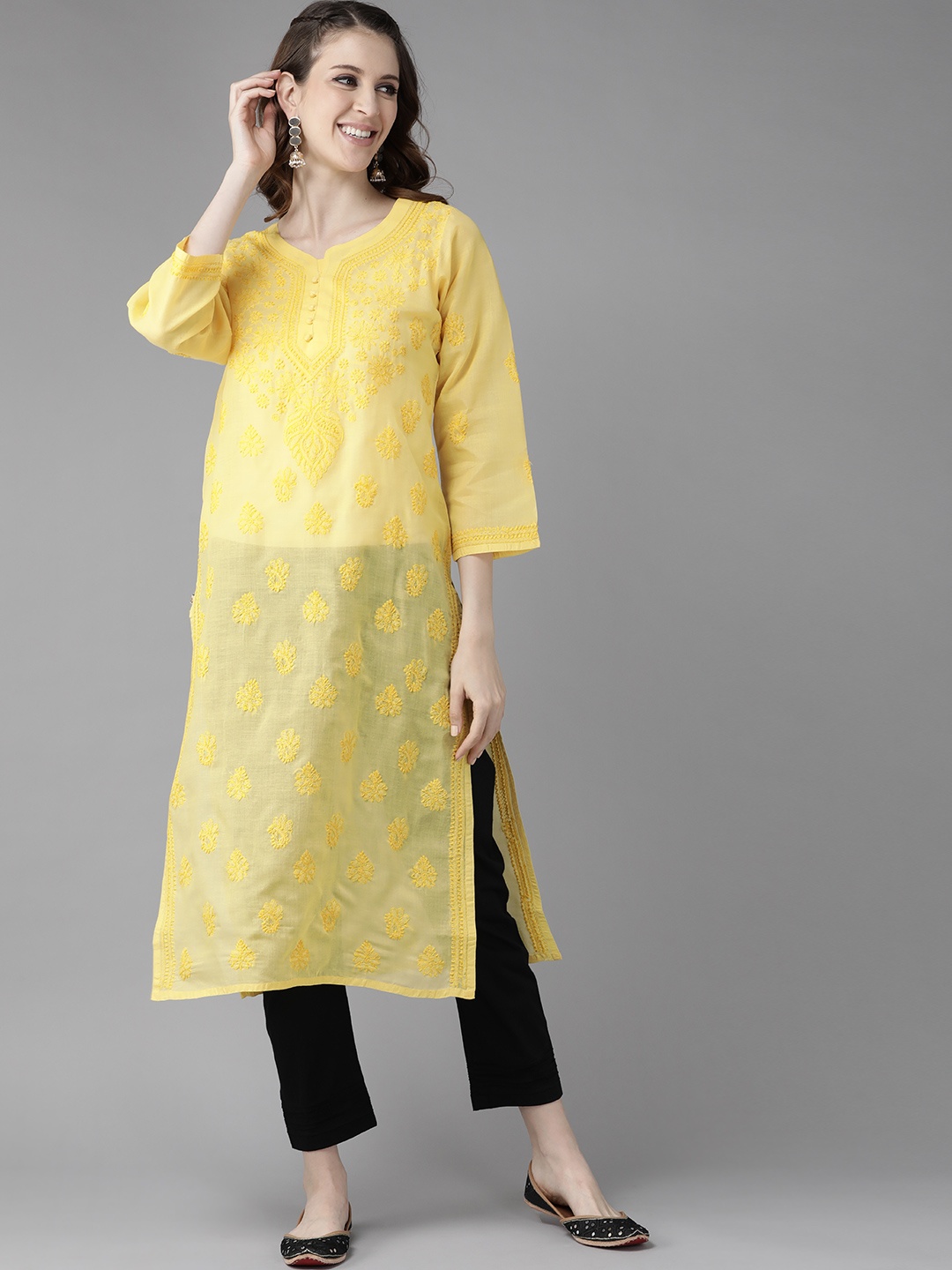 

ADA Women Yellow & Black Chikankari Embroidered Handloom Kurta with Cotton Trousers