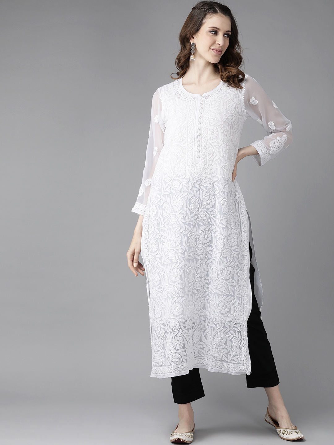 

ADA Women White & Black Chikankari Embroidered Handloom Kurta with Cotton Trousers