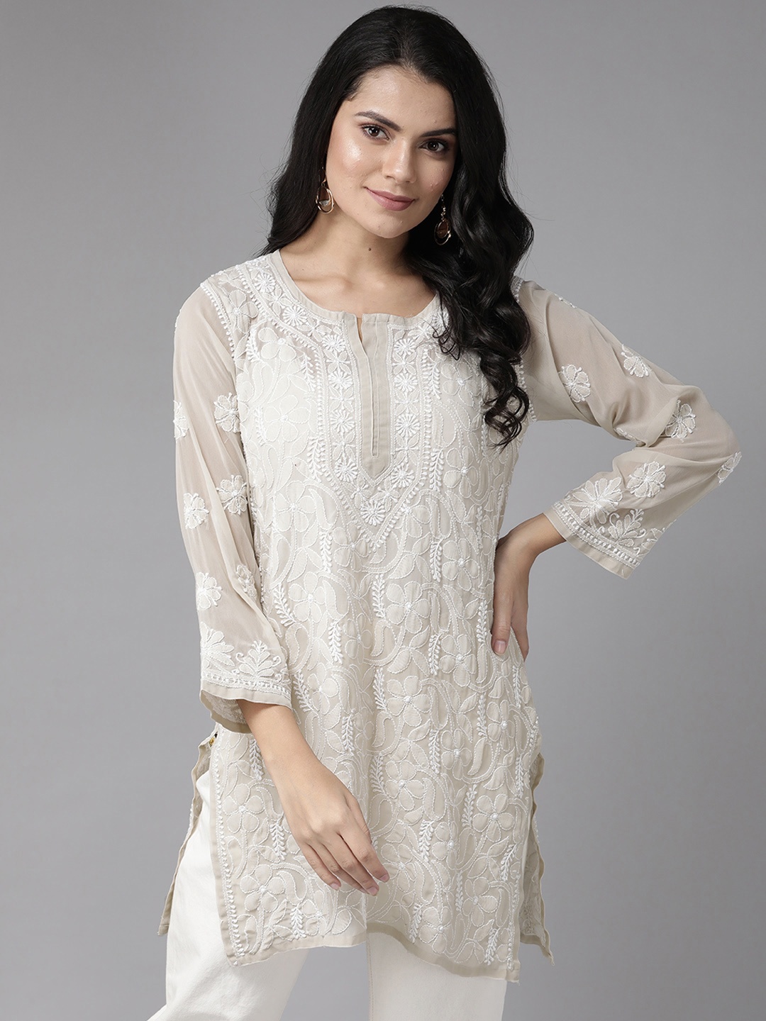 

ADA Women Grey & Off-White Chikankari Hand Embroidered Straight Kurta