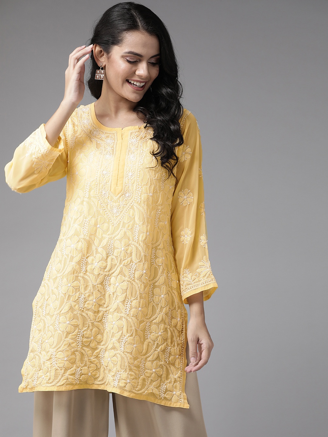 

ADA Women Yellow & Off-White Chikankari Hand Embroidered Straight Kurta