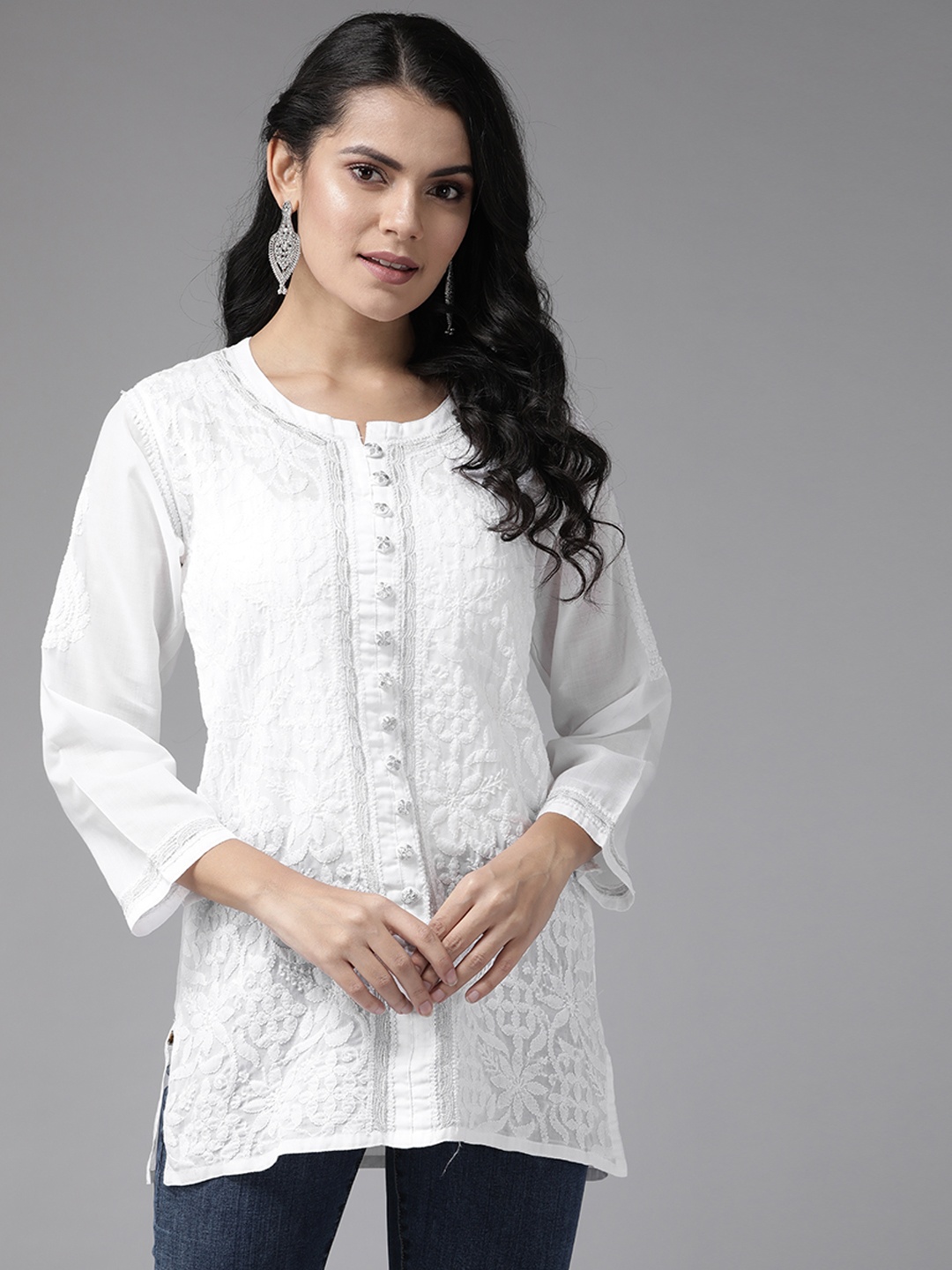 

ADA Women White Chikankari Hand Embroidered Straight Handloom Kurti