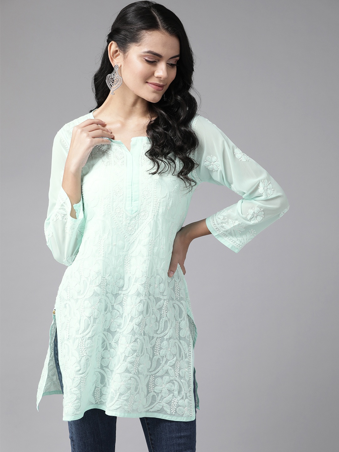 

ADA Women Sea Green & Off-White Chikankari Hand Embroidered Straight Kurta