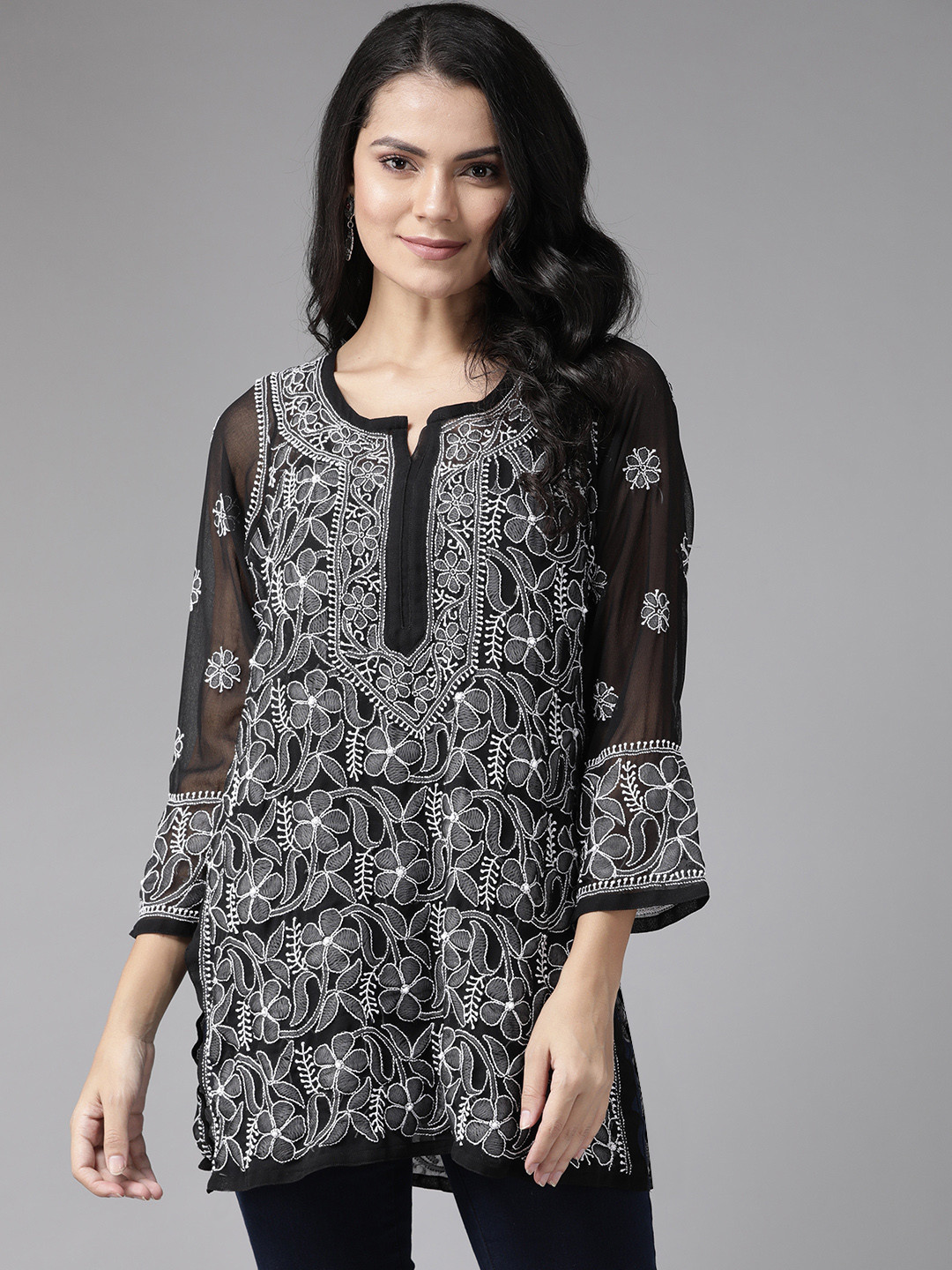 

ADA Women Black & White Chikankari Hand Embroidered Straight Handloom Kurti