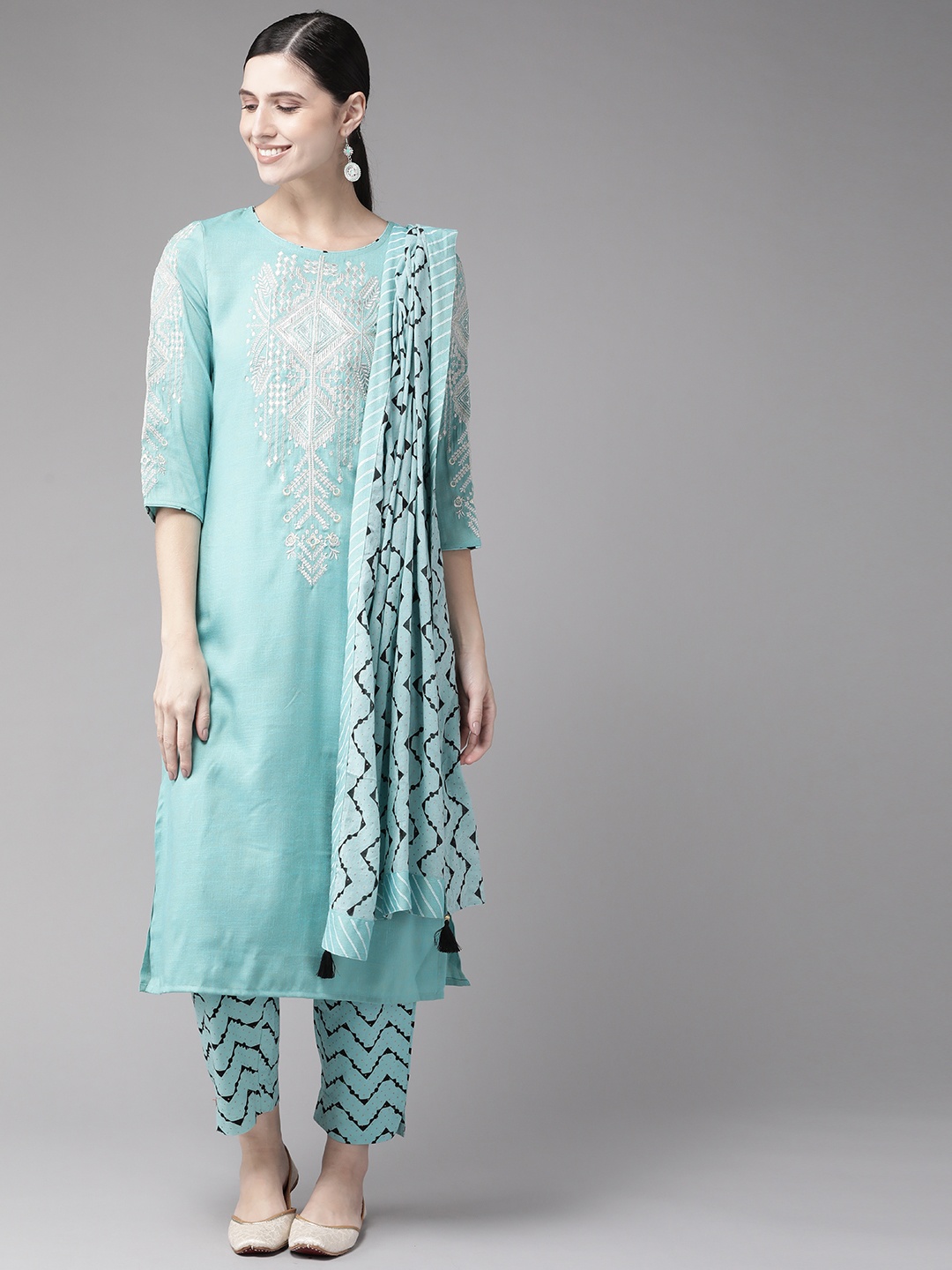 

Rain & Rainbow Women Blue & Black Yoke Design Kurta with Trousers & Dupatta