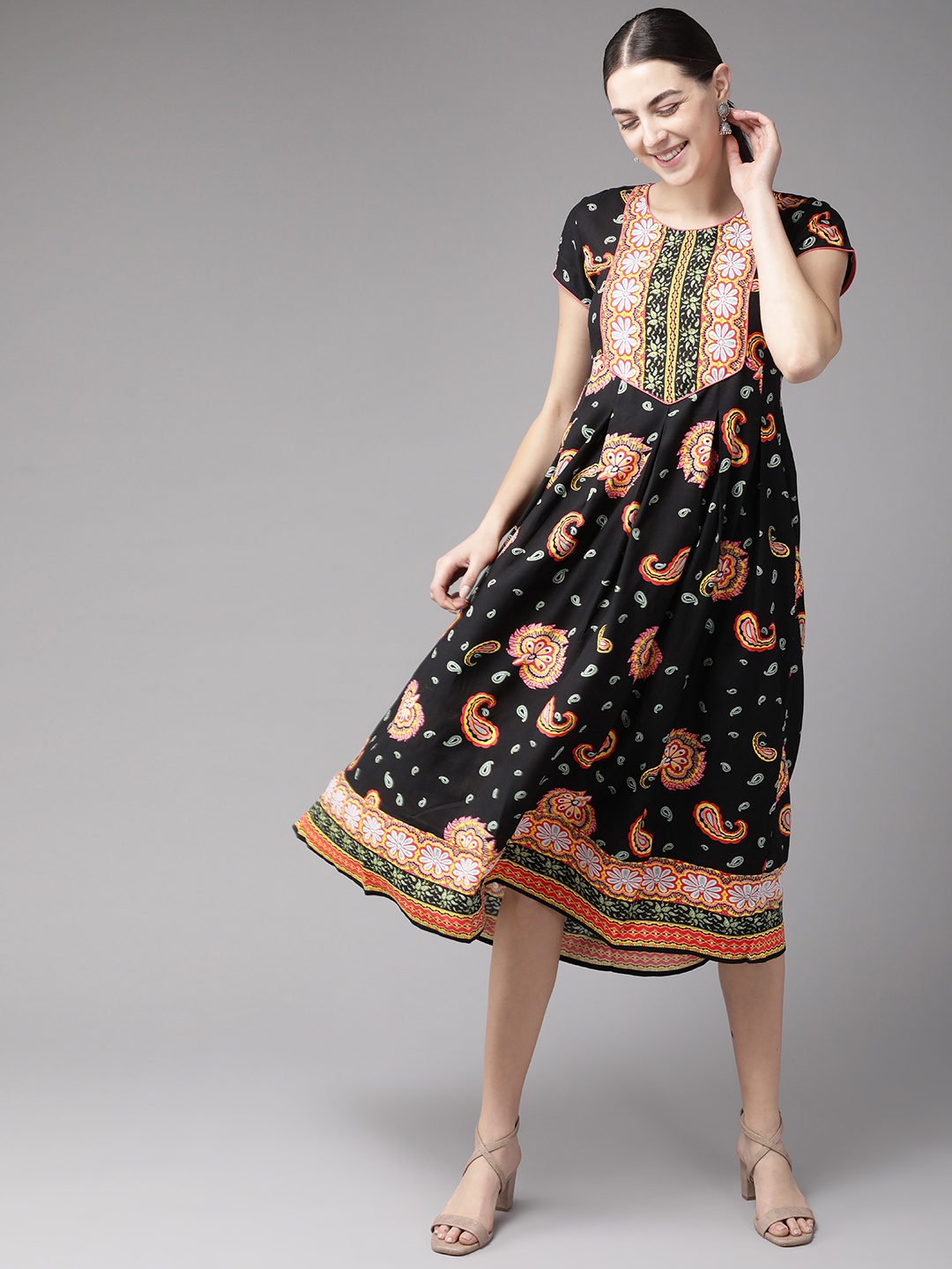

Rain & Rainbow Women Black & Red Paisley Printed A-Line Midi Dress