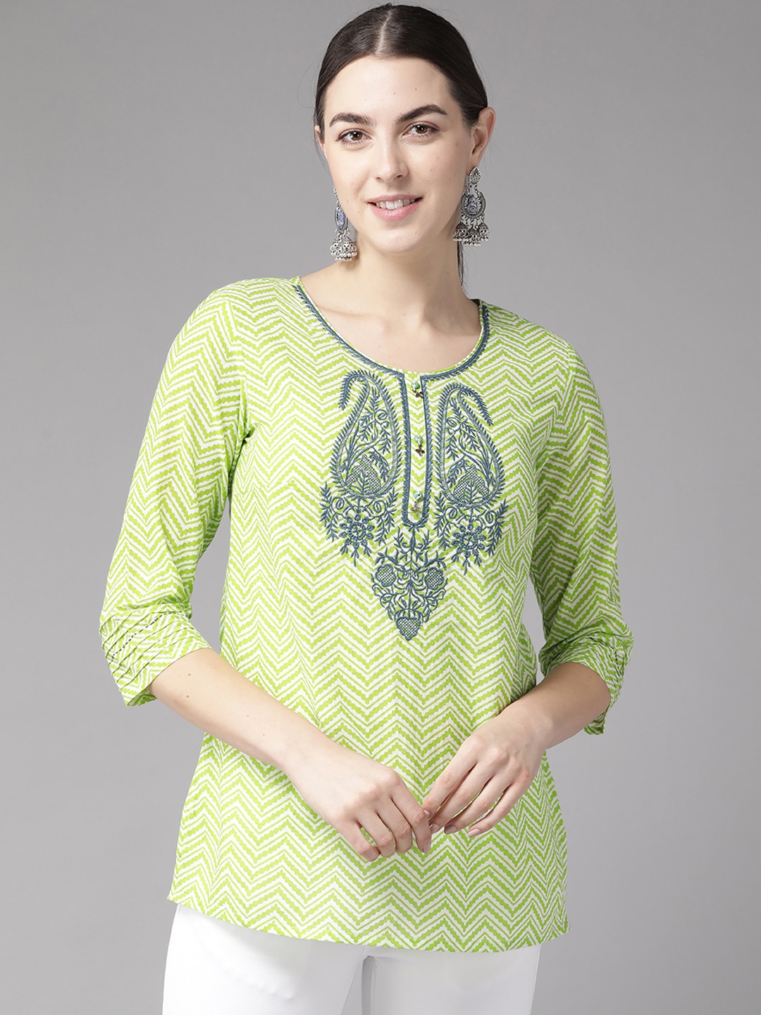 

Rain & Rainbow Green & White Printed Pure Cotton A-line Top