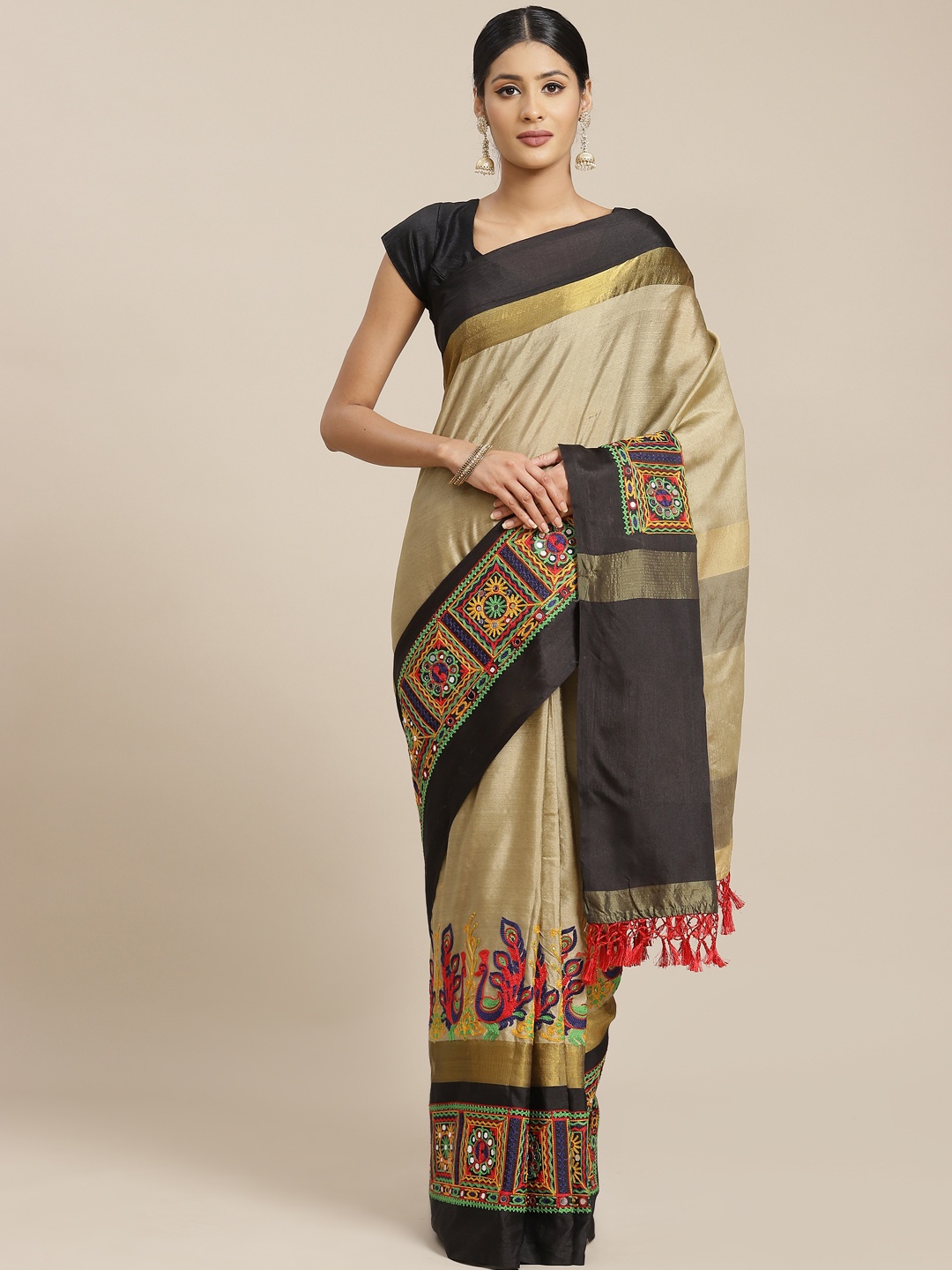 

Mitera Beige & Black Ethnic Motifs Embroidered Mirror Work Saree