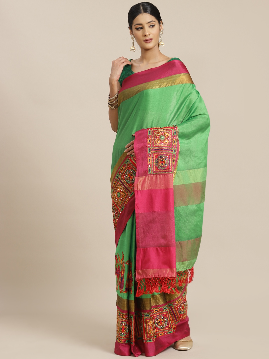 

Mitera Green & Pink Ethnic Motifs Embroidered Mirror Work Saree