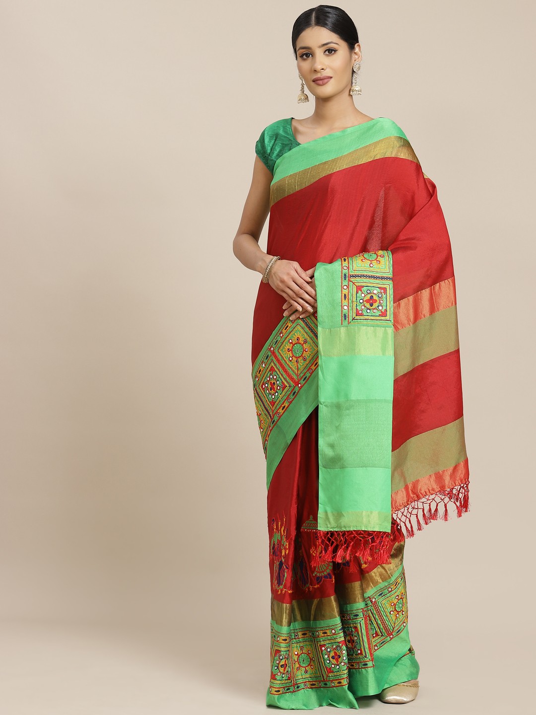 

Mitera Red & Green Ethnic Motifs Mirror Work Saree