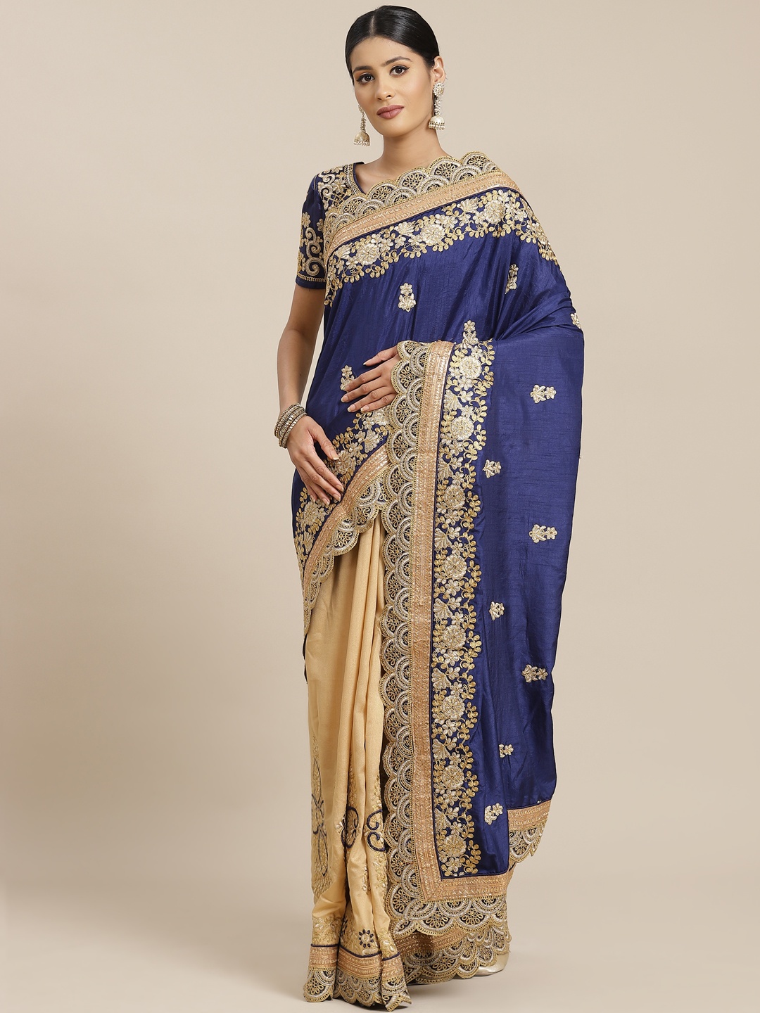 

Mitera Blue & Beige Ethnic Motifs Zardozi Silk Blend Half and Half Saree