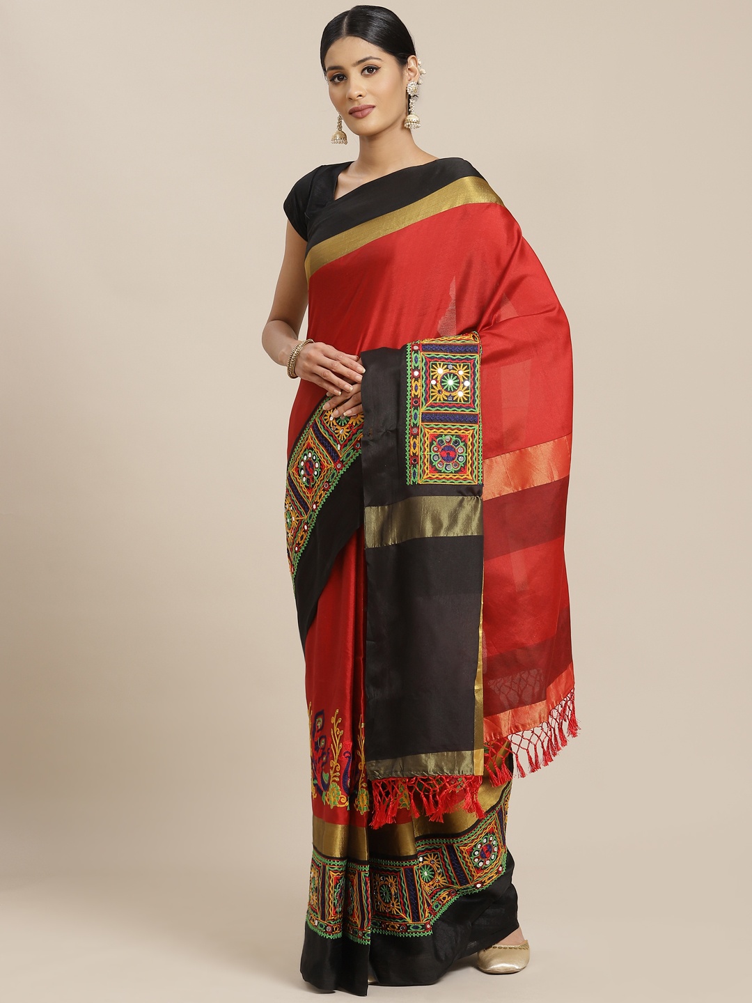 

Mitera Maroon & Black Ethnic Motifs Mirror Work Saree