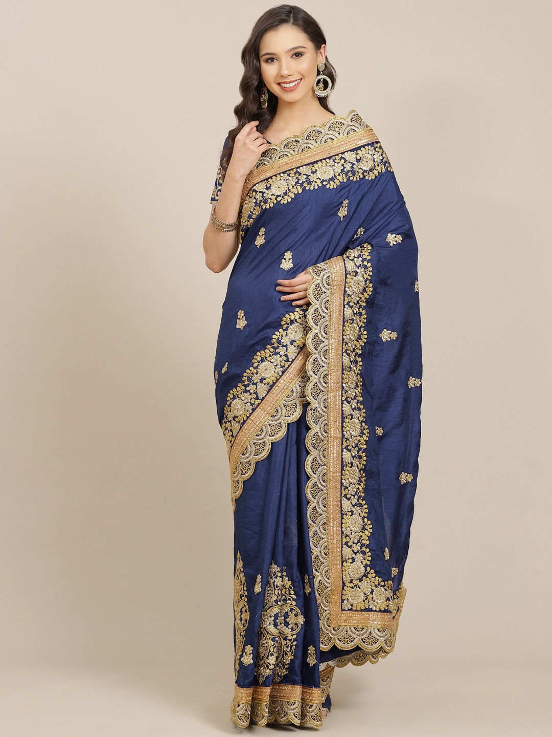 

Mitera Blue & Golden Ethnic Motifs Embroidered Celebrity Leheriya Saree