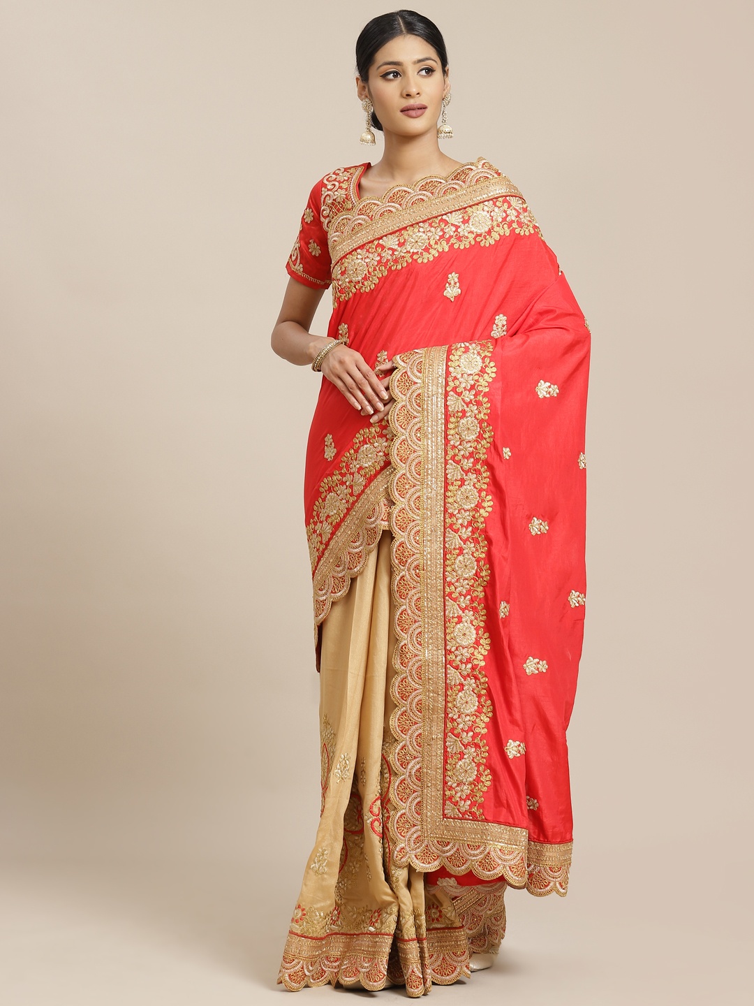 

Mitera Red & Beige Ethnic Motifs Zari Half and Half Saree