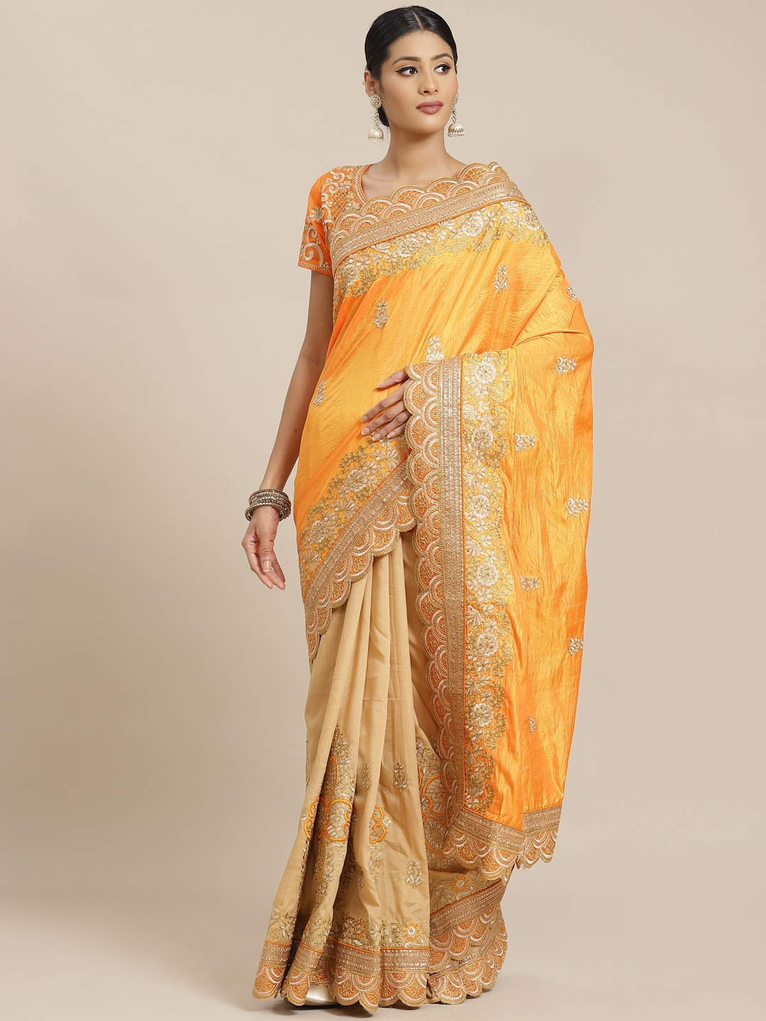 

Mitera Yellow & Beige Ethnic Motifs Zari Half and Half Saree