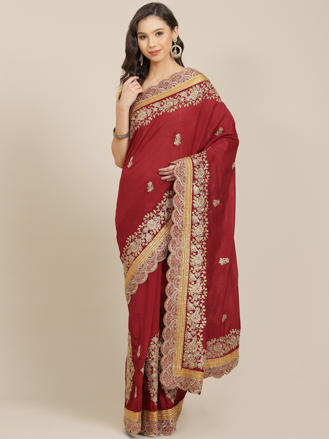 

Mitera Maroon & Golden Ethnic Motifs Embroidered Celebrity Leheriya