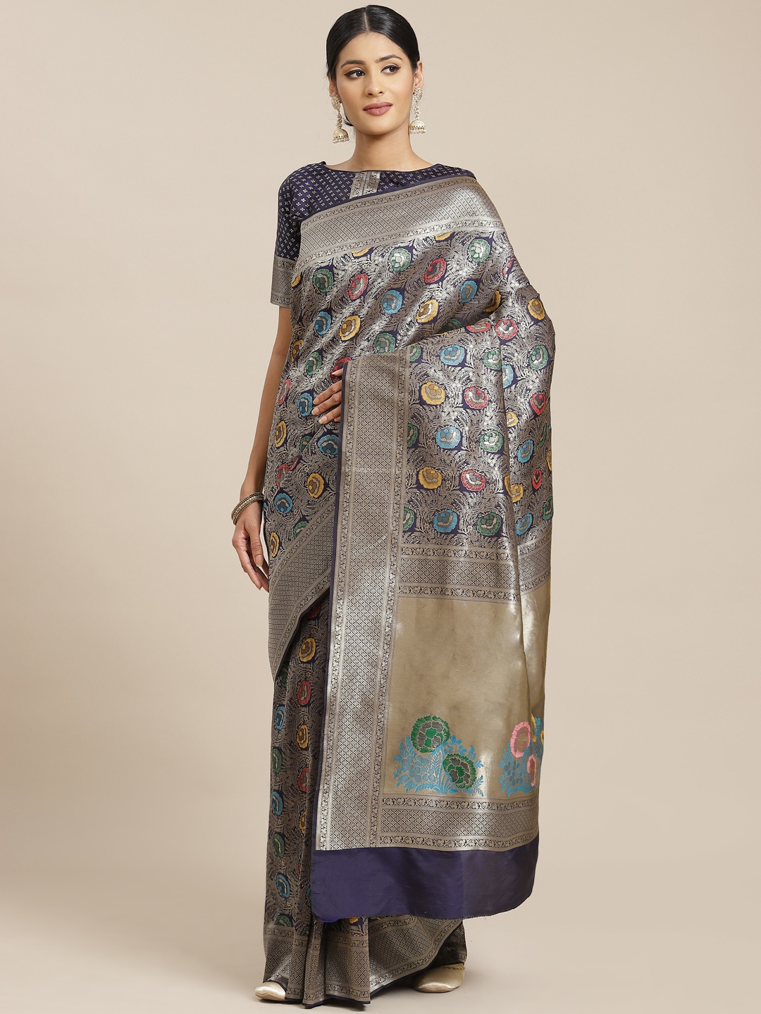 

Mitera Grey & Navy Blue Kalamkari Zari Pure Silk Designer Banarasi Saree