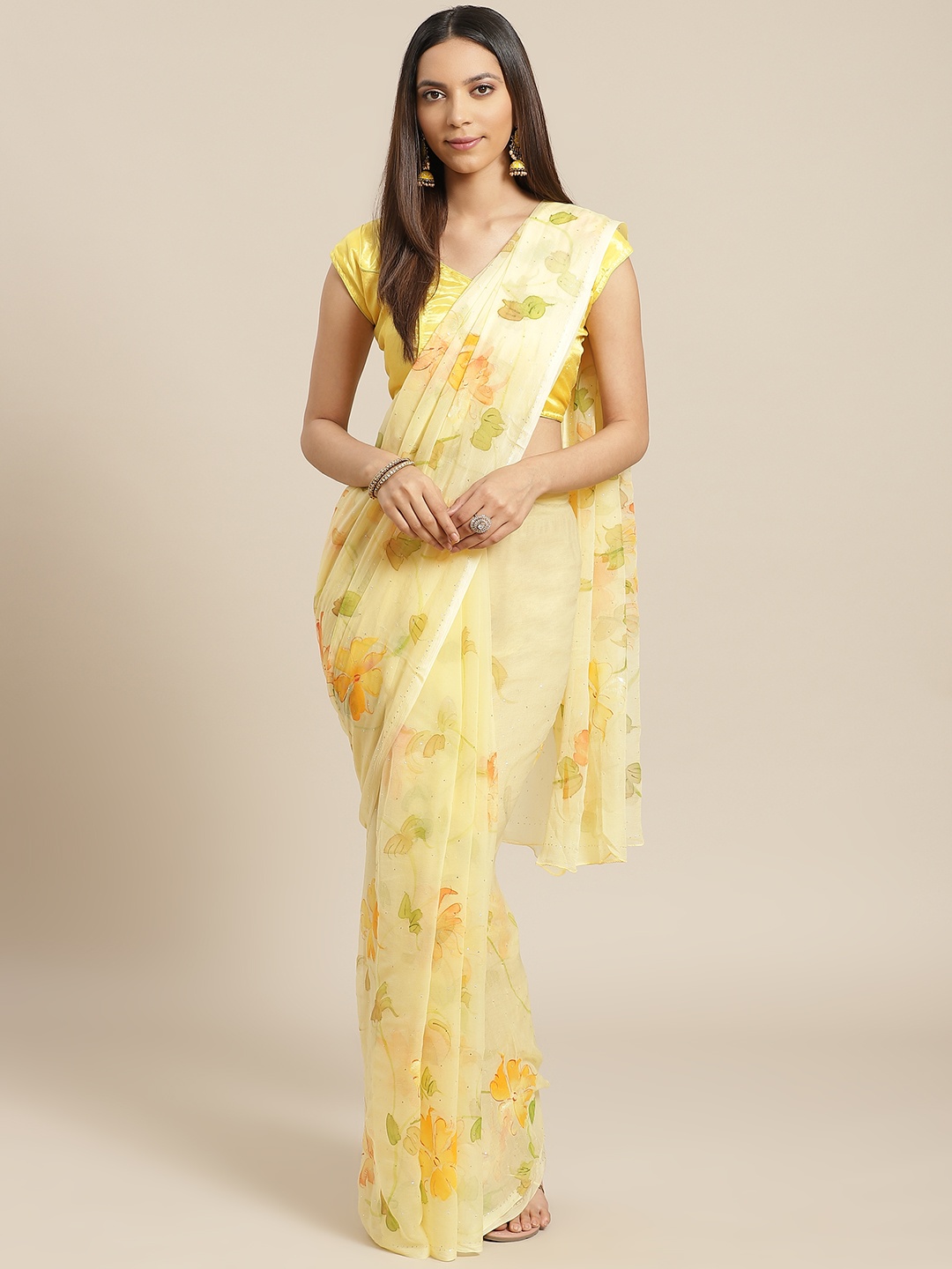 

Geroo Jaipur Yellow Hand Painted Floral Chiffon Sustainable Saree With Mukaish Work