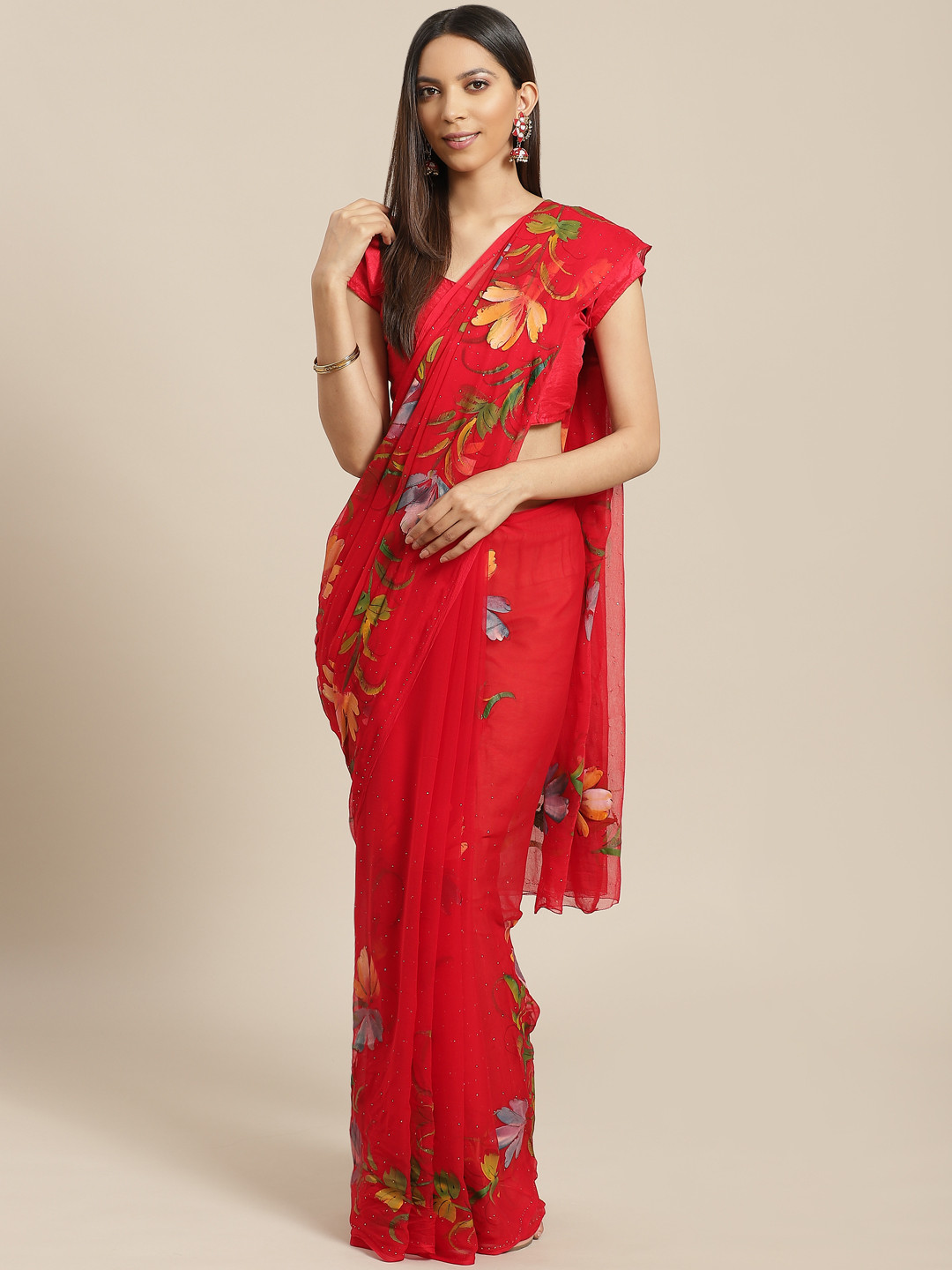 

Geroo Jaipur Red Hand Painted Floral Chiffon Sustainable Saree With Mukaish Work