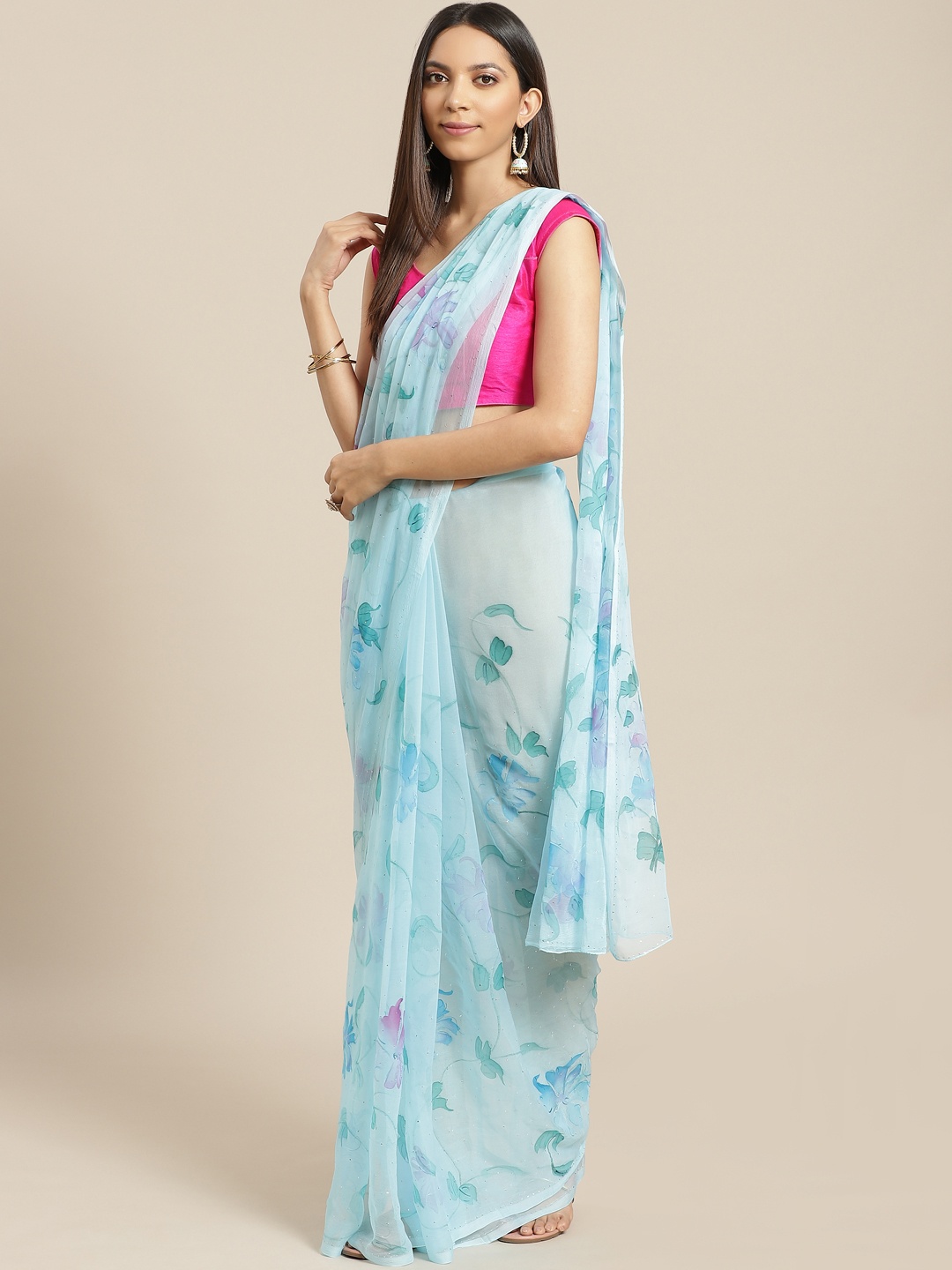 

Geroo Jaipur Blue Hand Painted Floral Chiffon Sustainable Saree With Mukaish Work