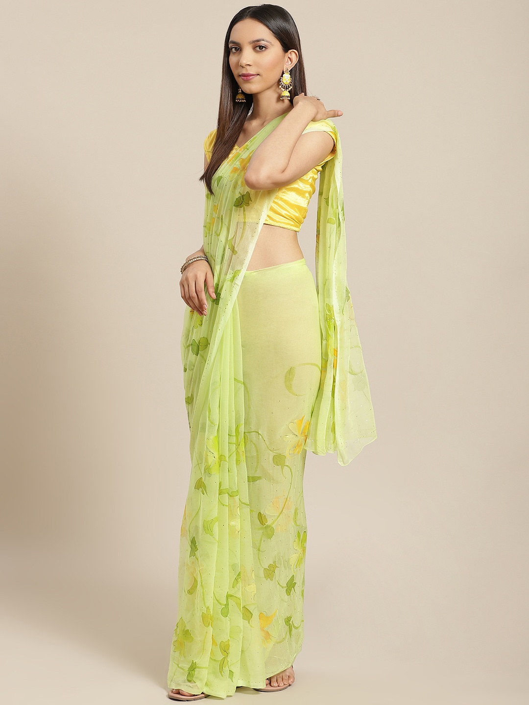 

Geroo Jaipur Lime Green Hand Painted Floral Chiffon Sustainable Saree With Mukaish Work, Yellow