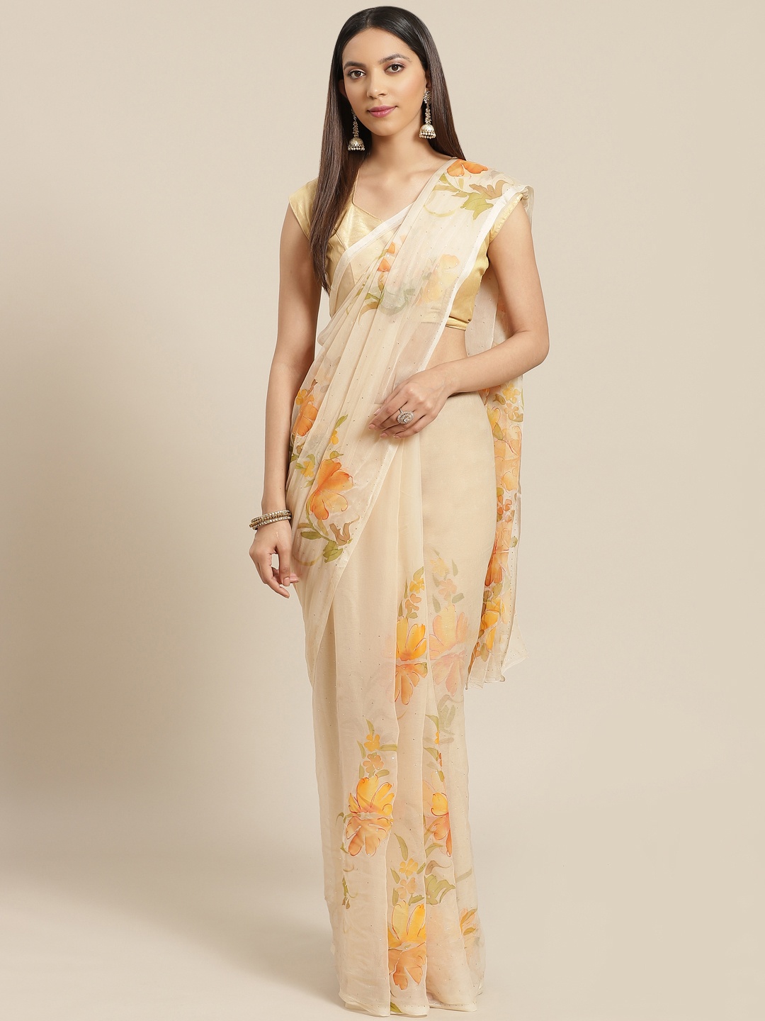 

Geroo Jaipur Beige Hand Painted Floral Chiffon Sustainable Saree With Mukaish Work