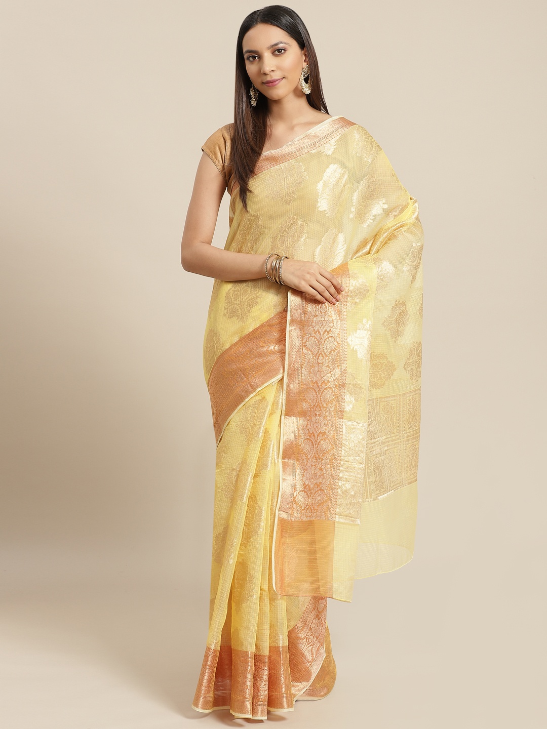 

Geroo Jaipur Yellow Handwoven Floral Zari Kota Saree