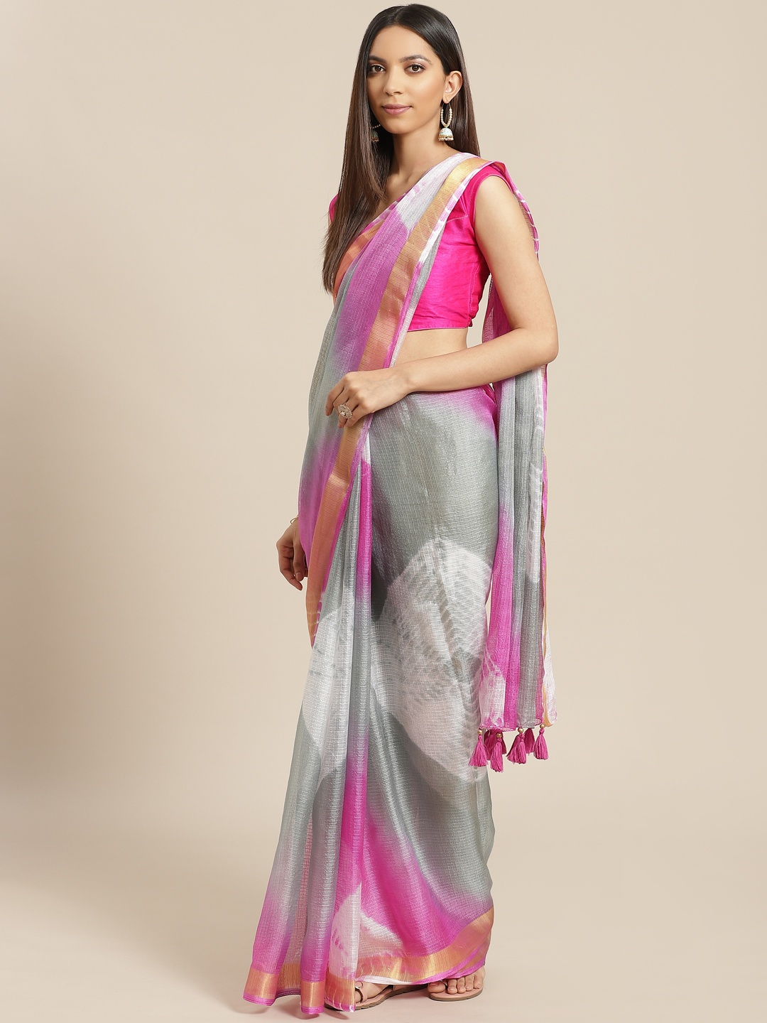 

Geroo Jaipur Hand Dyed Pink & Grey Bandhani Kota Silk Sustainable Sareee