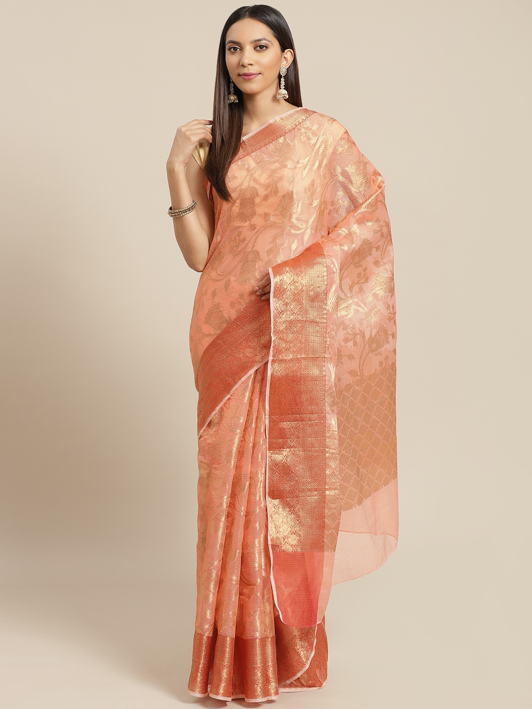 

Geroo Jaipur Peach Handwoven Floral Zari Kota Saree
