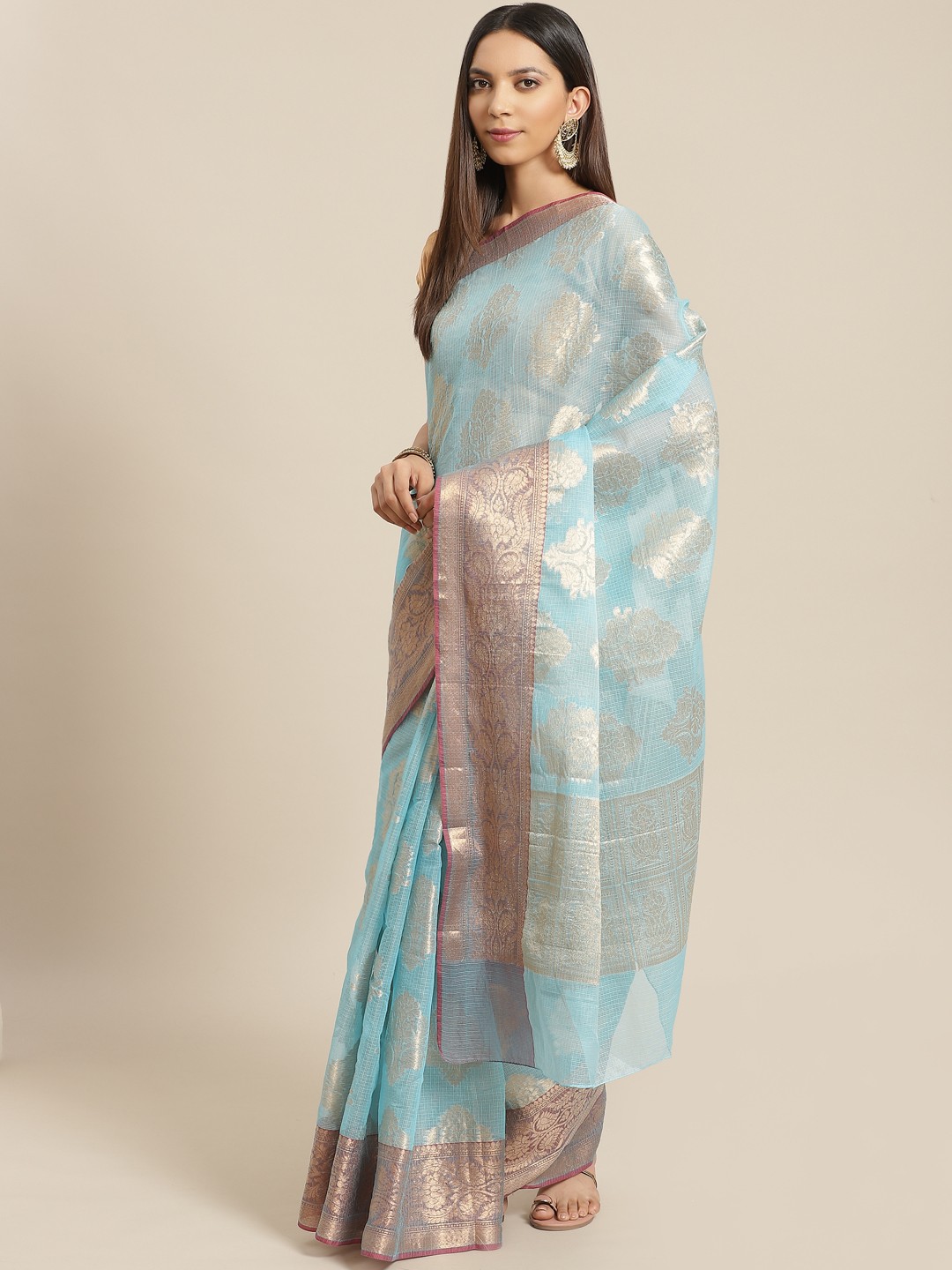 

Geroo Jaipur Blue Handwoven Floral Zari Kota Saree