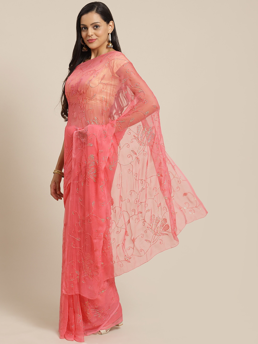 

Geroo Jaipur Hand Embroidered Pink Sequins Jaal Pure Chiffon Sustainable Saree