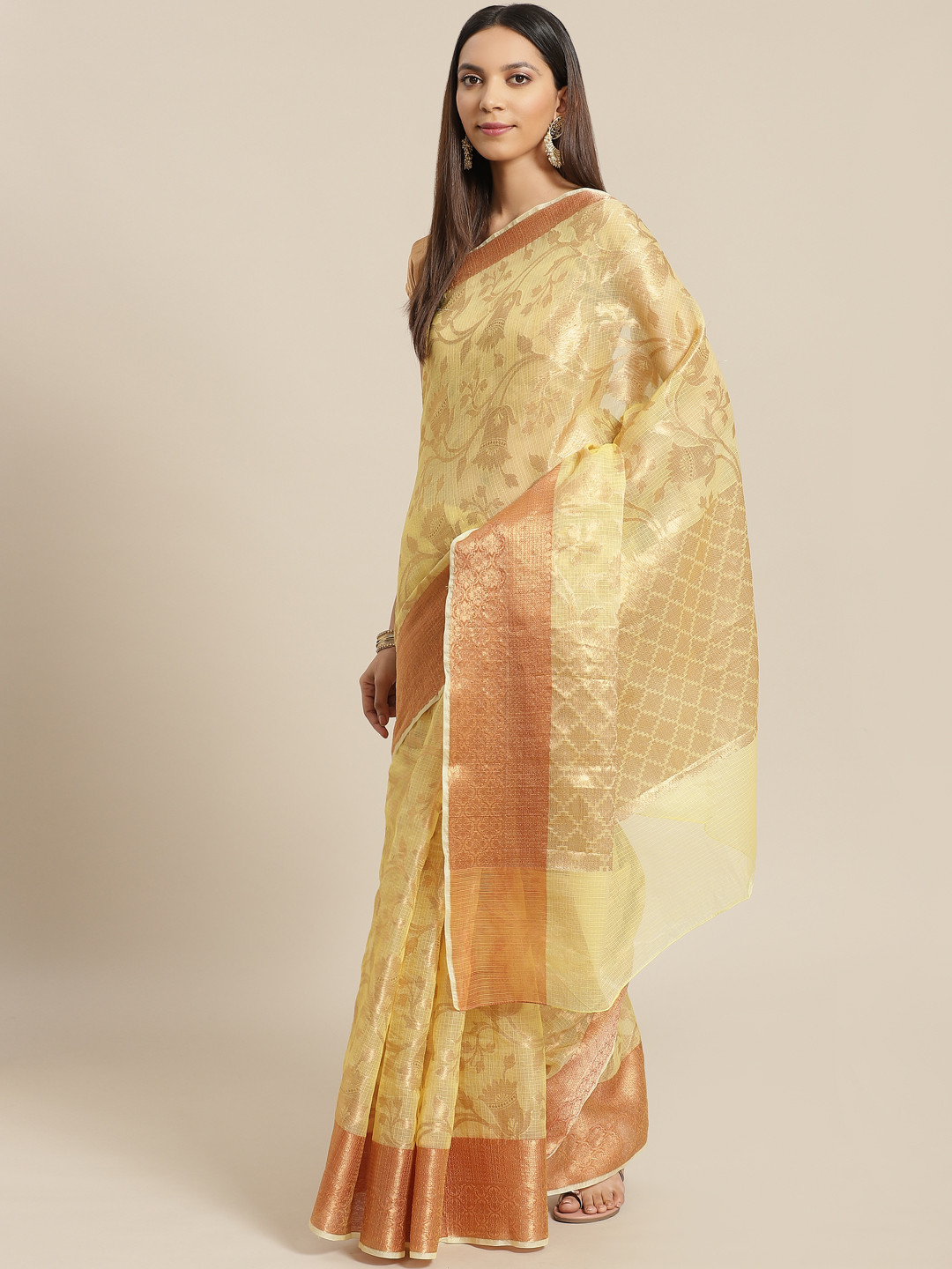 

Geroo Jaipur Yellow Floral Zari Woven Design Kota Saree
