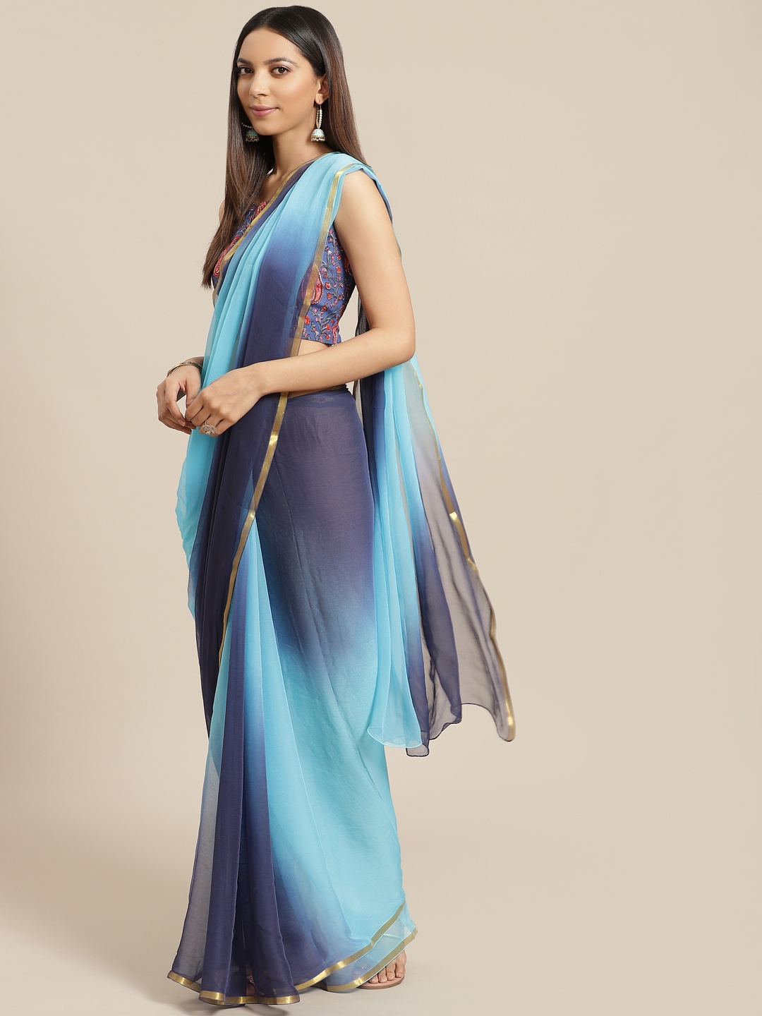 

Geroo Jaipur Hand Dyed Blue Shaded Saree With Hand Block Print Blouse