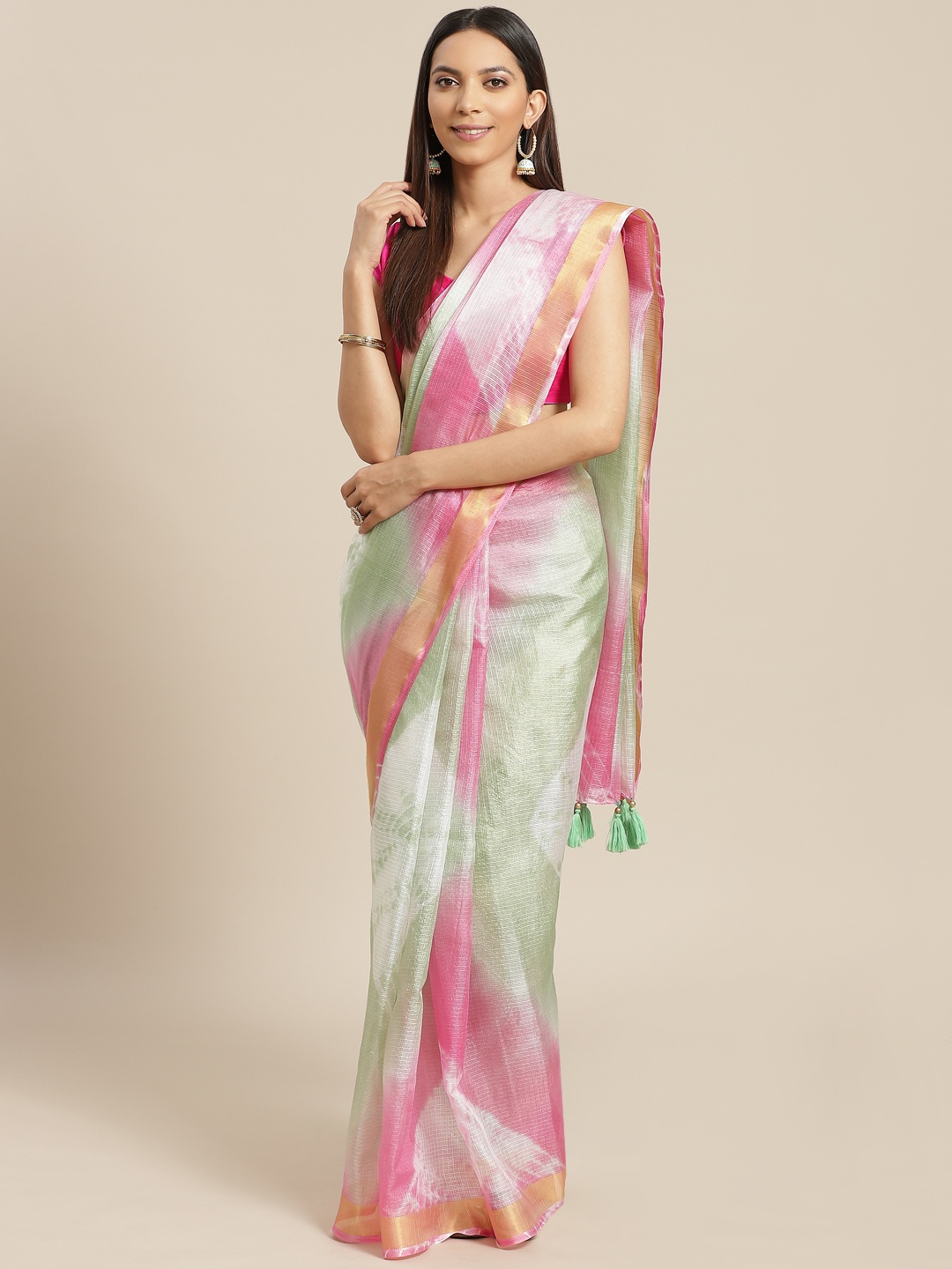 

Geroo Jaipur Hand Dyed Sea Green & Pink Bandhani Kota Silk Sustainable Sareee