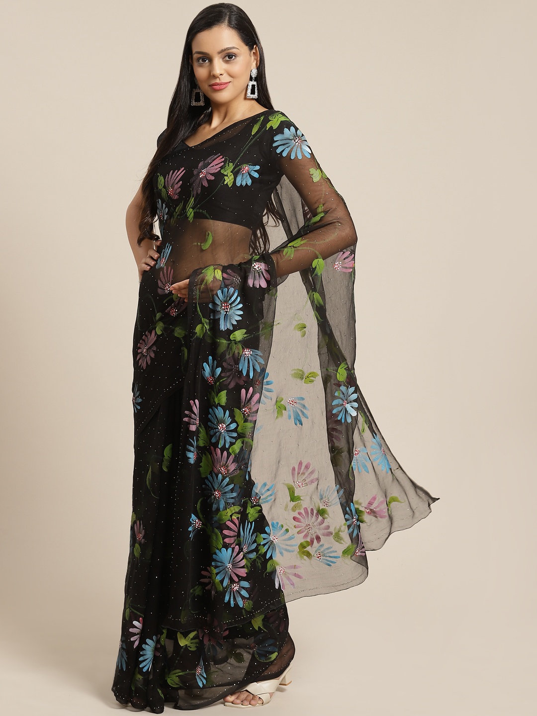 

Geroo Jaipur Black Hand Painted Floral Chiffon Sustainable Saree With Mukaish Work