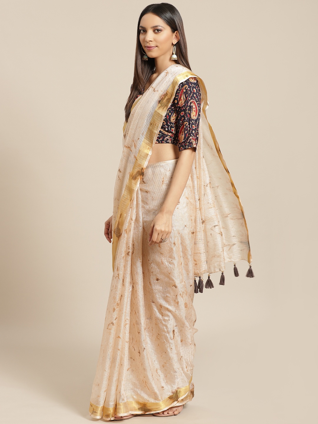 

Geroo Jaipur Hand Dyed Beige Kota Silk Sustainable Saree with Hand Block Print Blouse