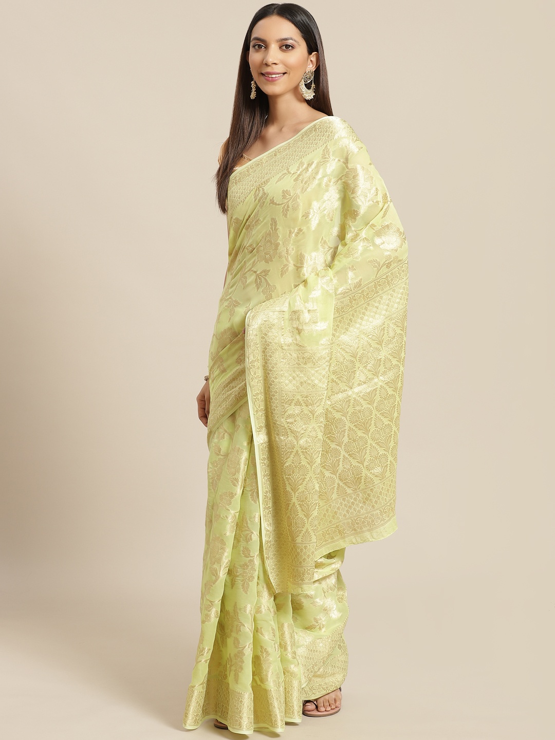 

Geroo Jaipur Lime Green Floral Zari Hand Woven Georgette Sustainable Saree