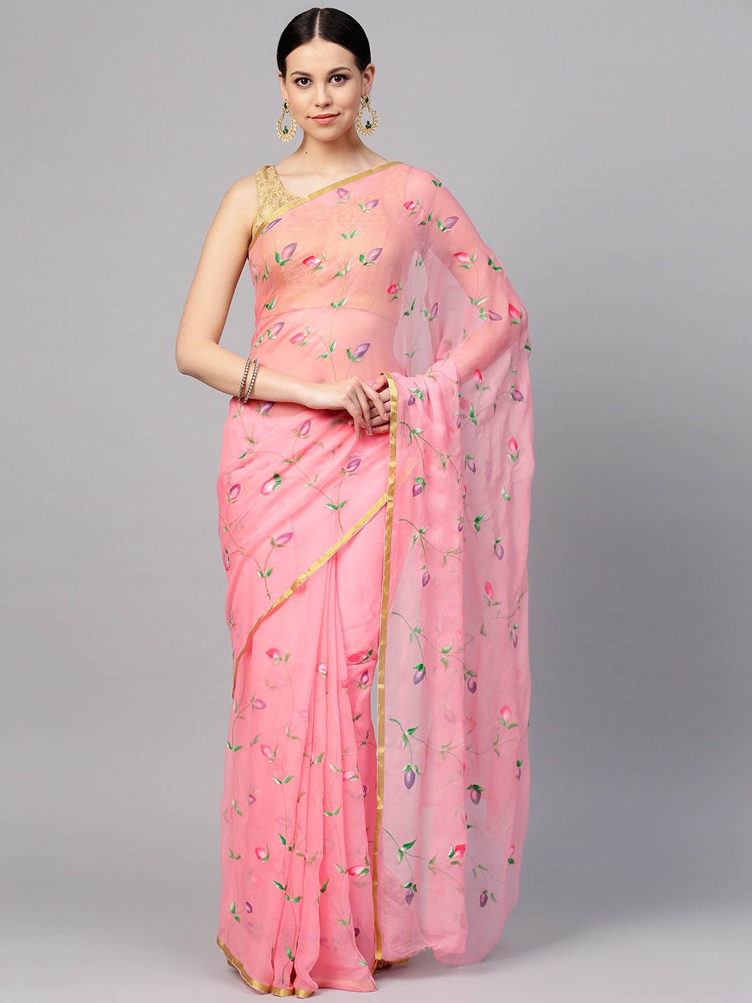 

Geroo Jaipur Pink Hand Painted Floral Chiffon Sustainable Saree