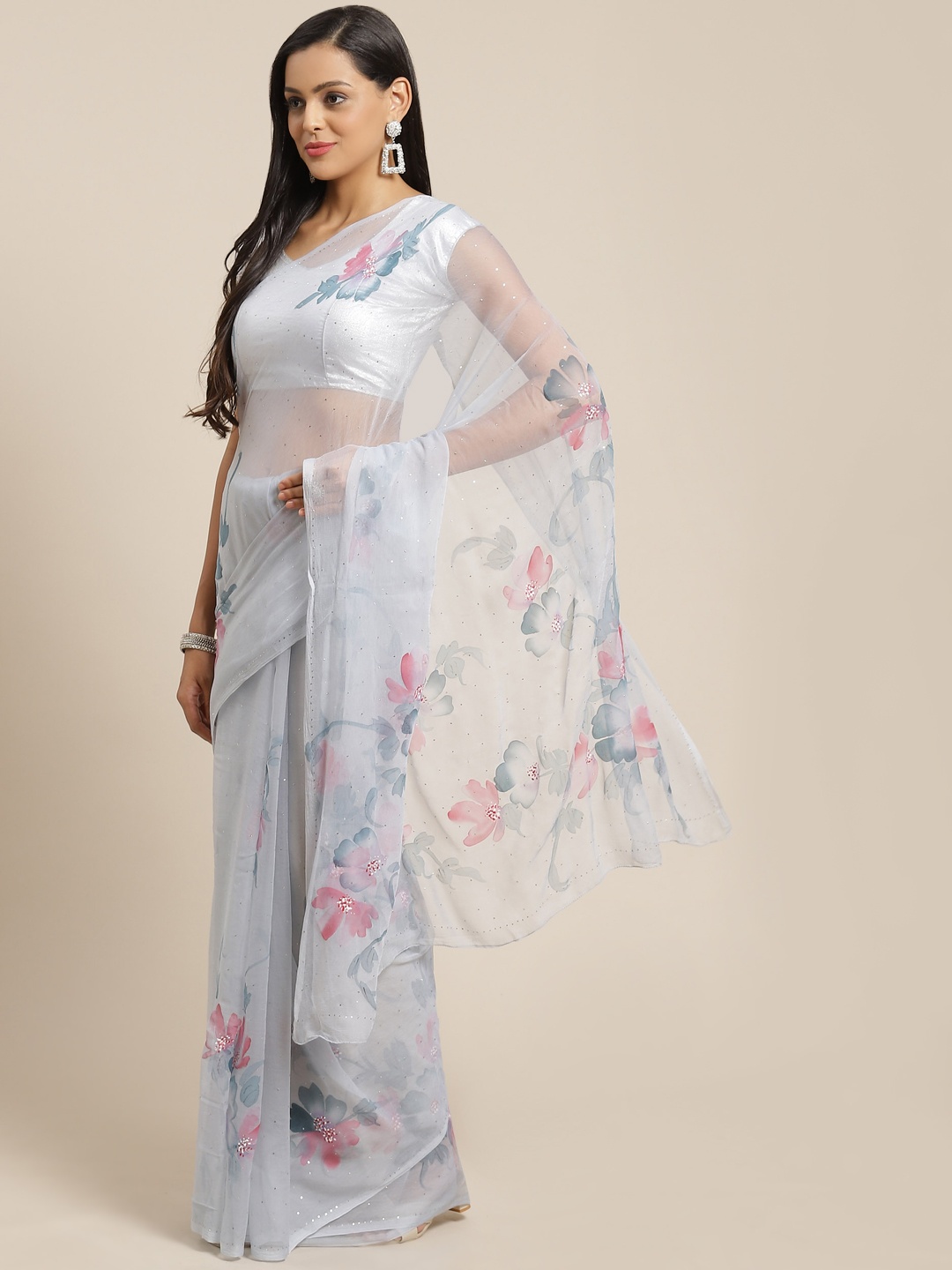 

Geroo Jaipur Grey Hand Painted Floral Chiffon Sustainable Saree With Mukaish Work