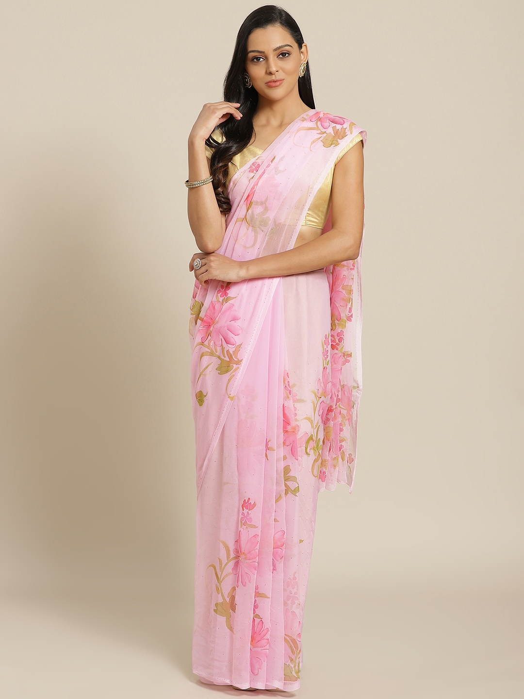 

Geroo Jaipur Pink Hand Painted Floral Chiffon Sustainable Saree With Mukaish Work