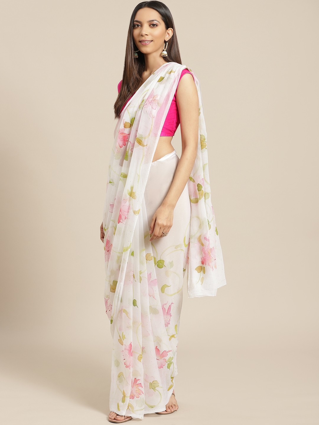 

Geroo Jaipur White Hand Painted Floral Chiffon Sustainable Saree With Mukaish Work
