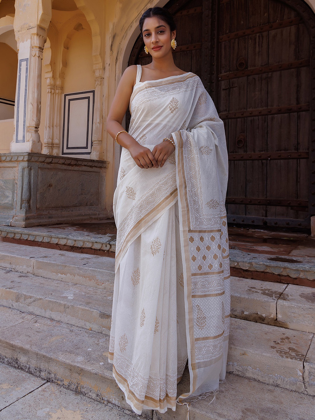 

Geroo Jaipur White Hand Block Printed Pure Chanderi Sustainable Saree, Off white